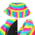 Autumn Winter Faux Fur Rainbow Striped Women Bucket Hats Thick Warm Lady Fluffy Panama Hats Outdoor Velvet Fisherman Hats